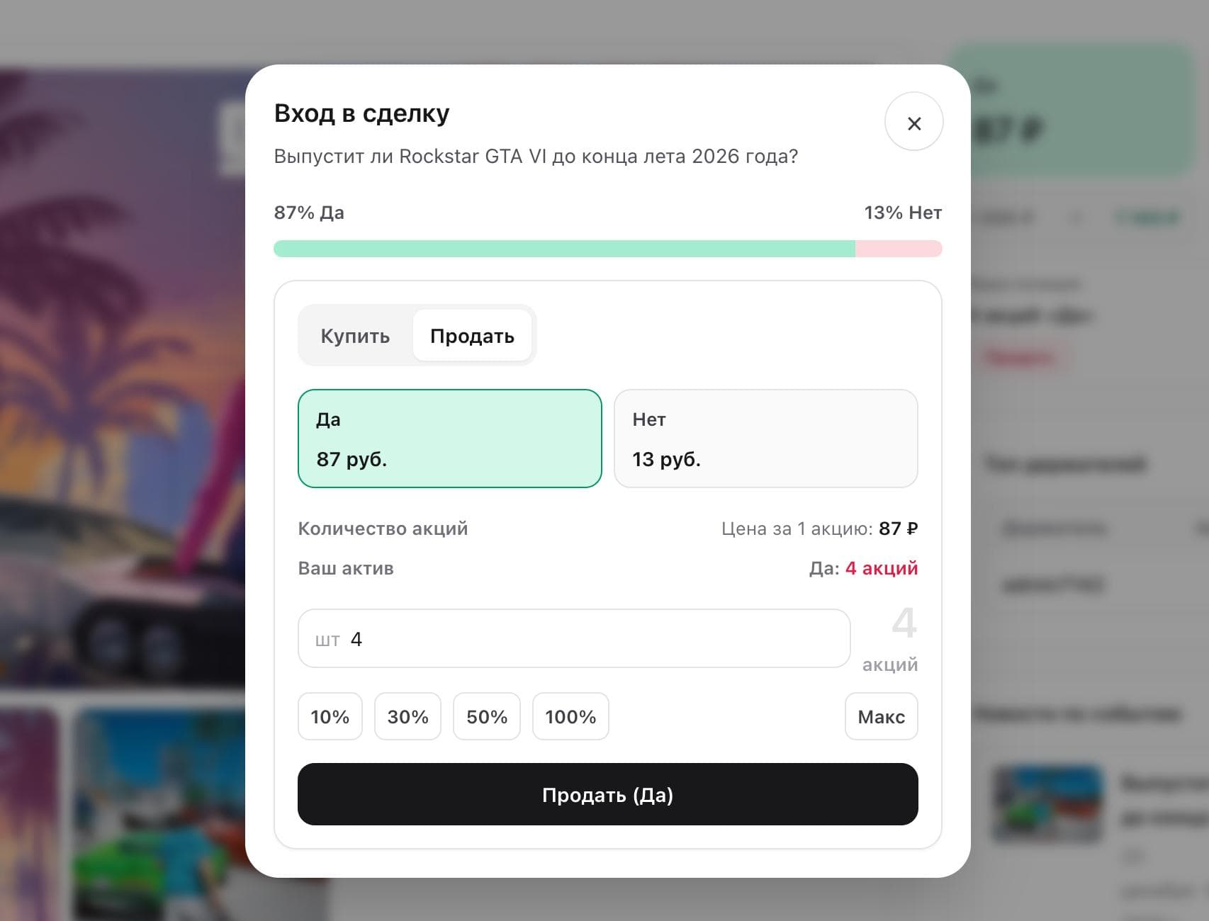 График и кнопка “Продать”
